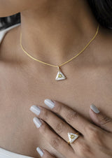 Pearl White Enamel Gold-Plated Pendant, Citrine/White Topaz — pendant worn, close-up: gold-plated 925 sterling silver with hand-applied white enamel, natural citrine and white topaz
