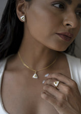 Pearl White Enamel Gold-Plated Set, Citrine/White Topaz — ring, earrings and pendant in gold-plated 925 sterling silver with hand-applied white enamel, natural citrine and white topaz