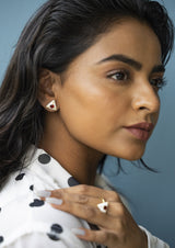 Pearl White Enamel Gold-Plated Set, Garnet/White Topaz — ring, earrings and pendant in gold-plated 925 sterling silver with hand-applied white enamel, natural garnet and white topaz