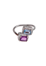 Two Stones Ring Blue Topaz/Amethyst, White Topaz 1.20mm