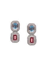 Two Stones Earring Blue Topaz/Pink Tourmaline, White Topaz 1.20mm