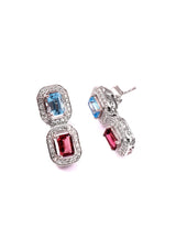 Two Stones Earring Blue Topaz/Pink Tourmaline, White Topaz 1.20mm