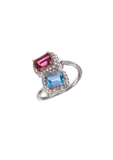 Two Stones Ring Blue Topaz/Pink Tourmaline, White Topaz 1.20mm