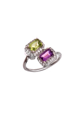 Two Stones Ring Peridot/Amethyst, White Topaz 1.20mm