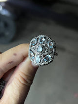 Кольцо с аквамаринами, ажурное — серебро 925, закрепы золото