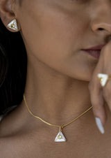 Pearl White Enamel Gold-Plated Pendant, Citrine/White Topaz — pendant worn, close-up: gold-plated 925 sterling silver with hand-applied white enamel, natural citrine and white topaz