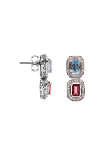 Two Stones Earring Blue Topaz/Pink Tourmaline, White Topaz 1.20mm