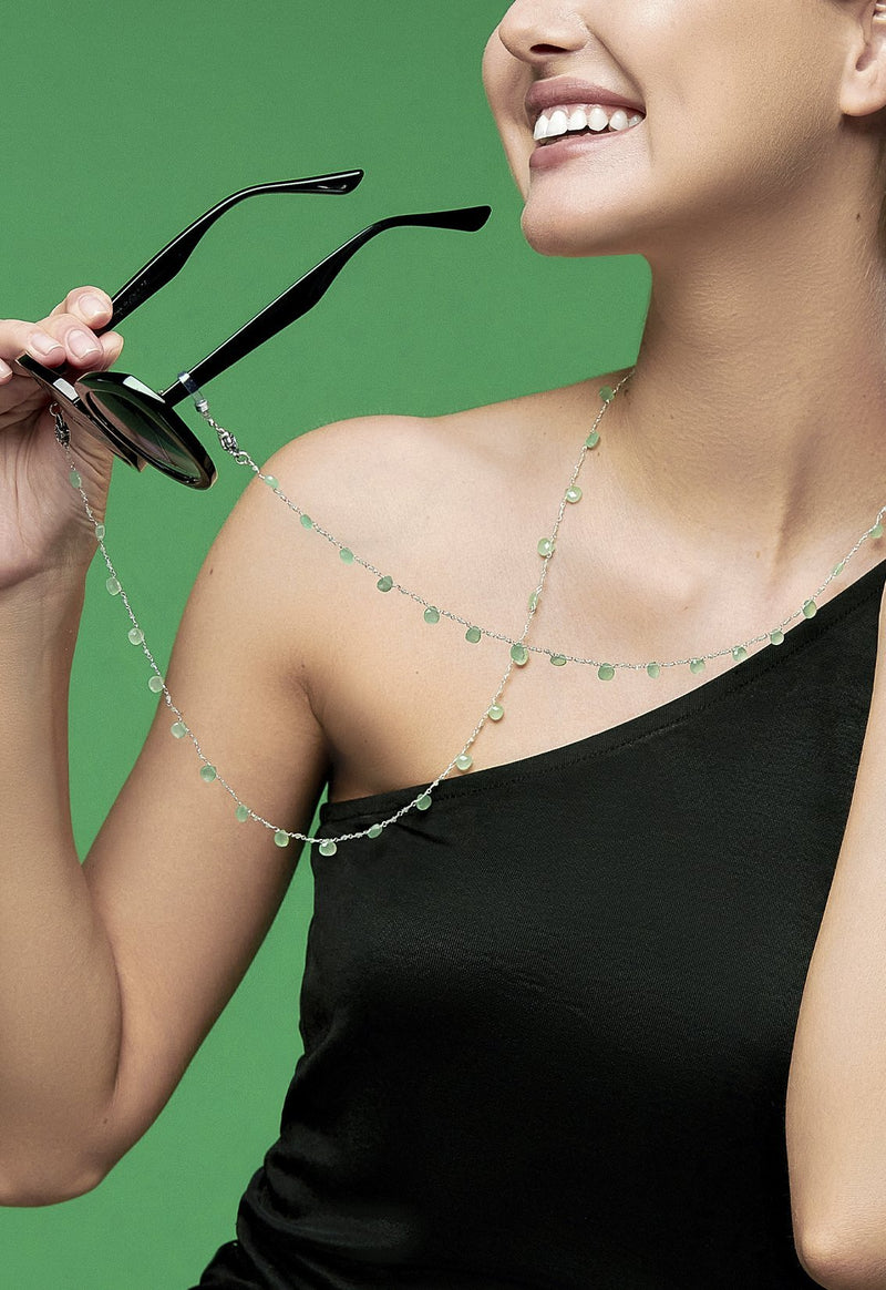 Light Green - green onyx , silk tassels, pompoms, jewelry, silver, chain, necklace, eyeglass chain, зеленый оникс. пренит,  шелковые кисточки,  помпоны,  ювелирные украшения,  серебро, цепочка, ожерелье, цепочка для очков,