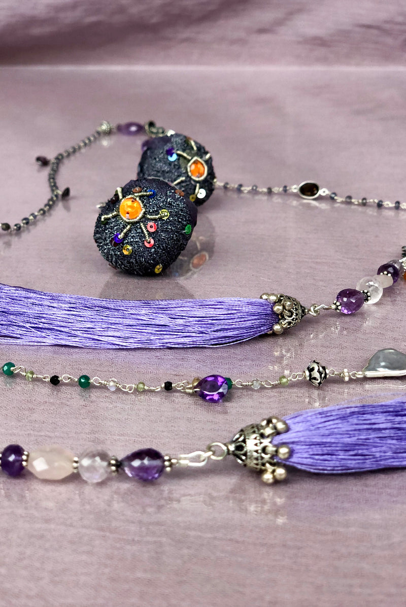 VIOLET MORNING - Adelina1001, фиолетовый цвет,   сиреневый камень, лунный камень, кисточки,  стиль Бохо, натуральные камни,  серебро,  цепочка,  помпоны, подвеска
