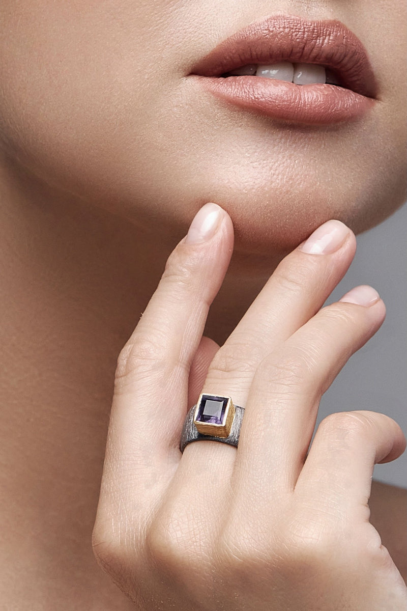 Amethyst Double Black Ring, черненное серебро, blackened silver ring, natural stones, jewelry design, аметист.  натуральные камни,  украшения