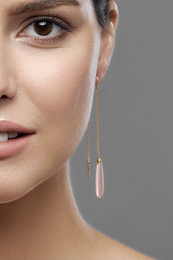 Rose Quartz Drops Long Earrings (Gold) - Adelina1001, розовый кварц, серебро, натуральные камни