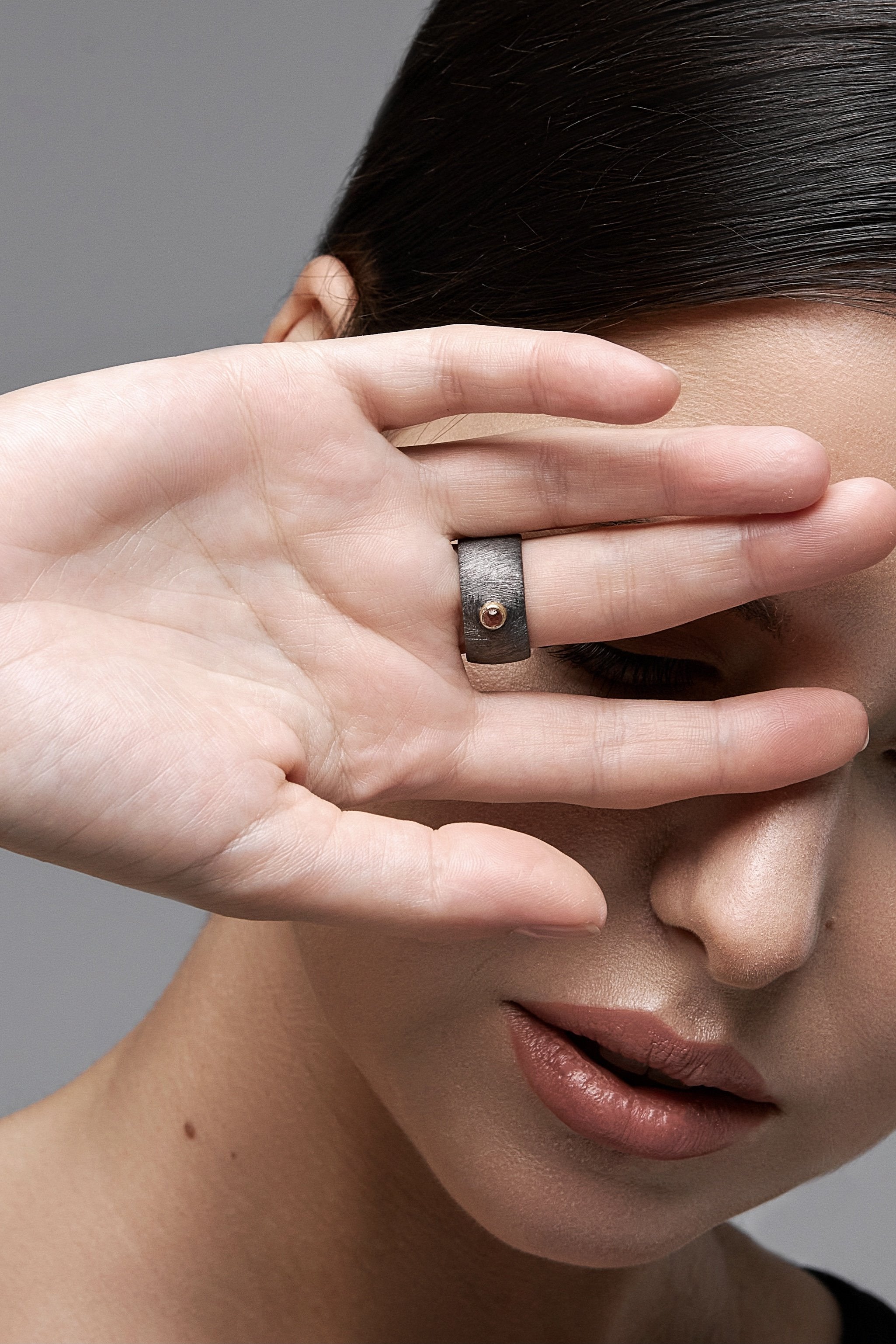 Garnet Double Black Ring, blackened silver, jewelry design, geometric shapes gold jewelry, unique jewelry,  natural stones, jewelry design,